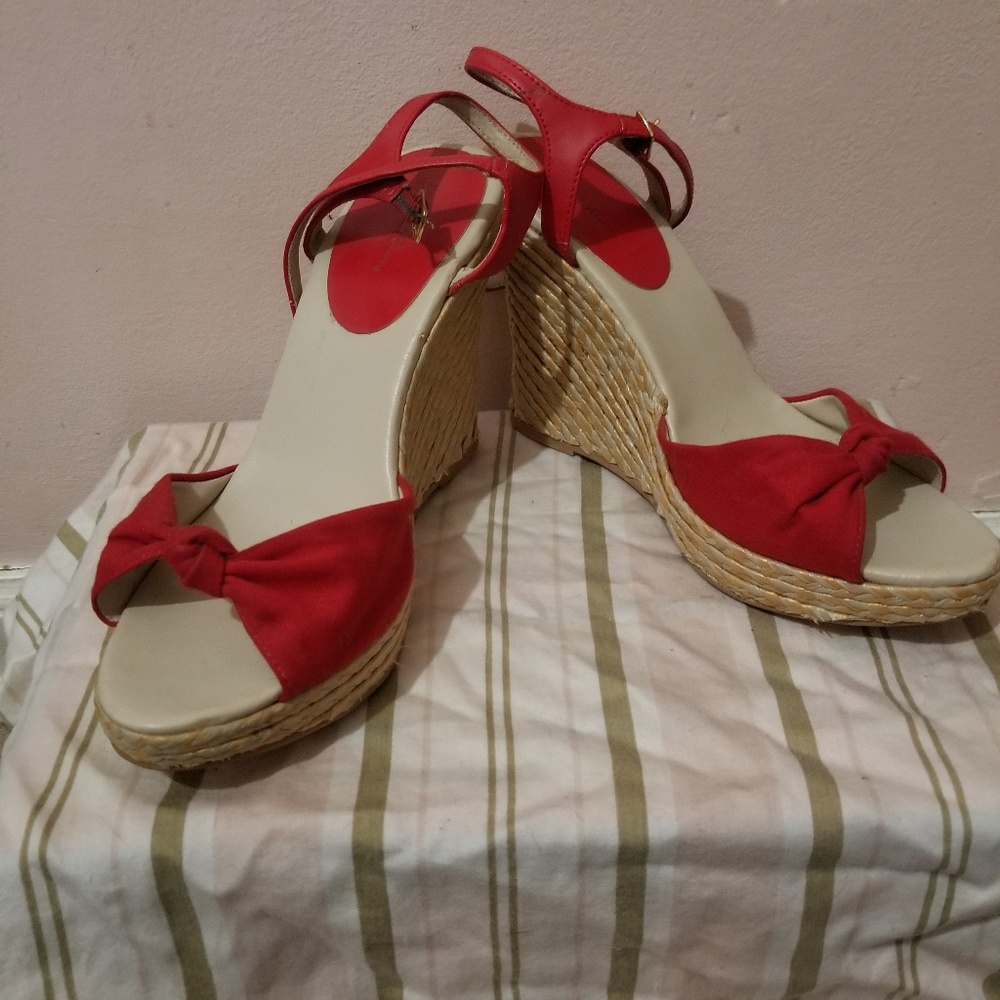 2/$15 Red peep toe wedges